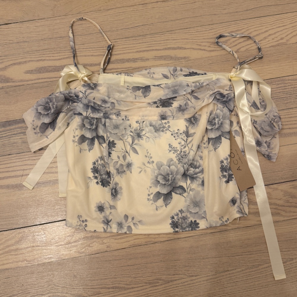 ACOA Women’s Blue & White Floral Off Shoulder Mesh Crop Top Size M NEW